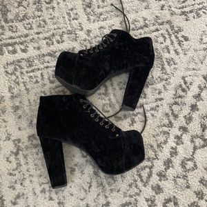 Jeffrey Campbell Lita lace up booties black velvet